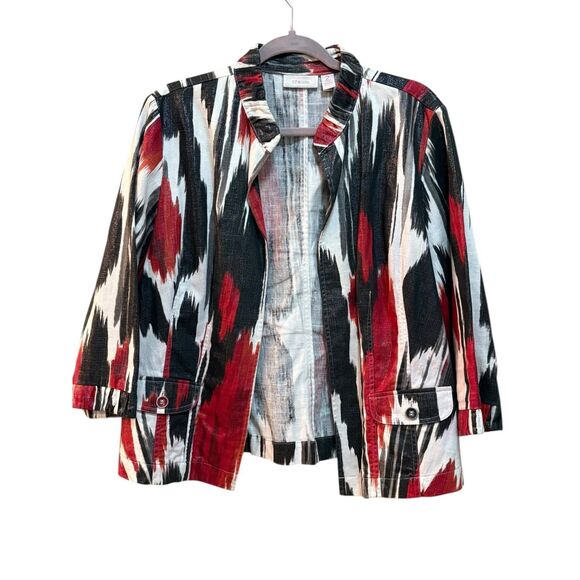 Chicos Jacket Womens Size 2 Large Red Black White Linen Blend Ikat Print Open Fr - Picture 1 of 6